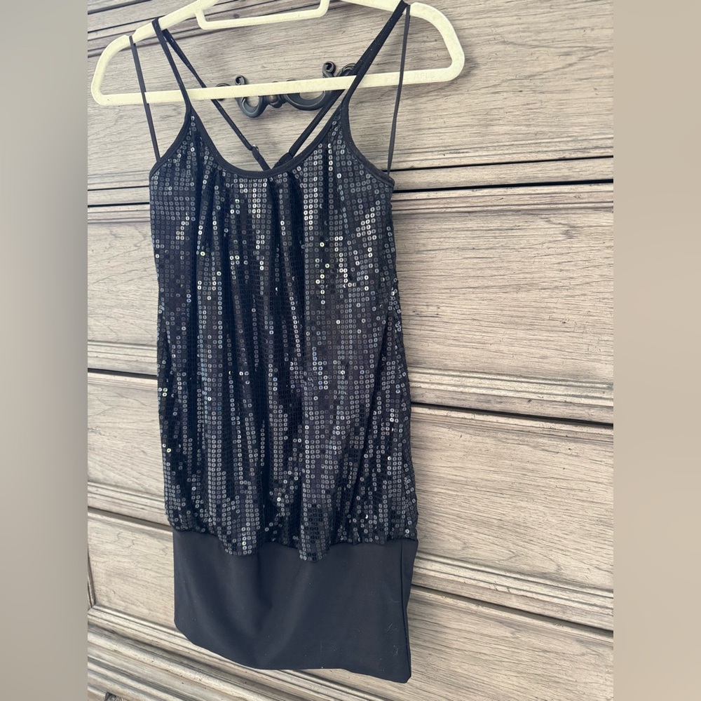 Black Sequin Dress Sleeveless Drop Waist Y2k Spaghetti Straps Criss Cross Beaded - Picture 4 of 9